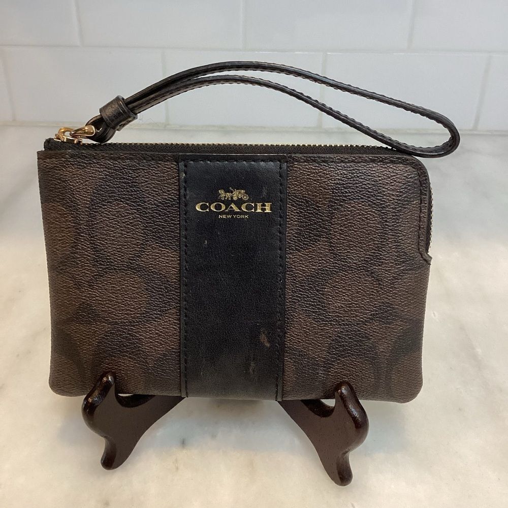 Coach Wristlet Bag Purse Small Signature Canvas Corner Zip Wallet Pouch